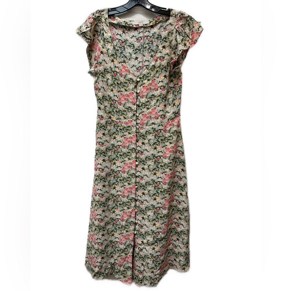 Loft Green Floral Prairie Button Front Maxi Dress Size 6